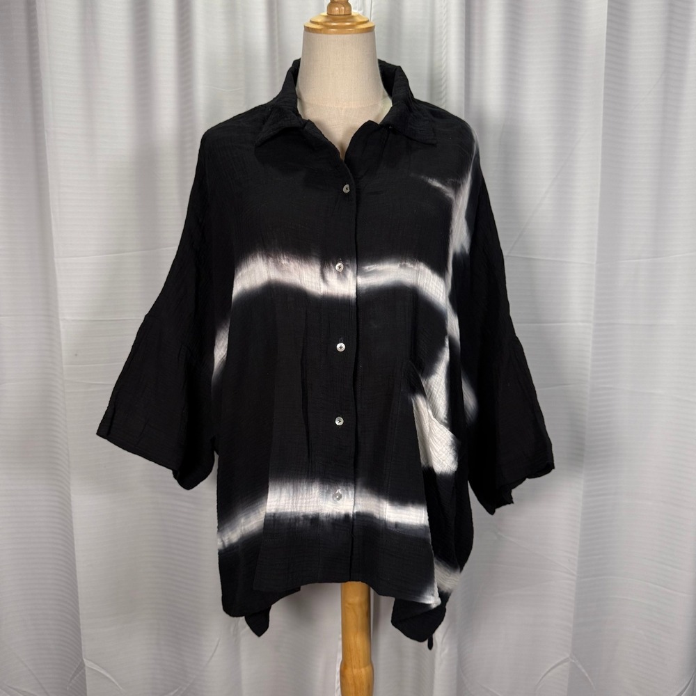 Gilda Midani Black Tie Dye Gauze Button Down Oversized River Shirt Boxy Top